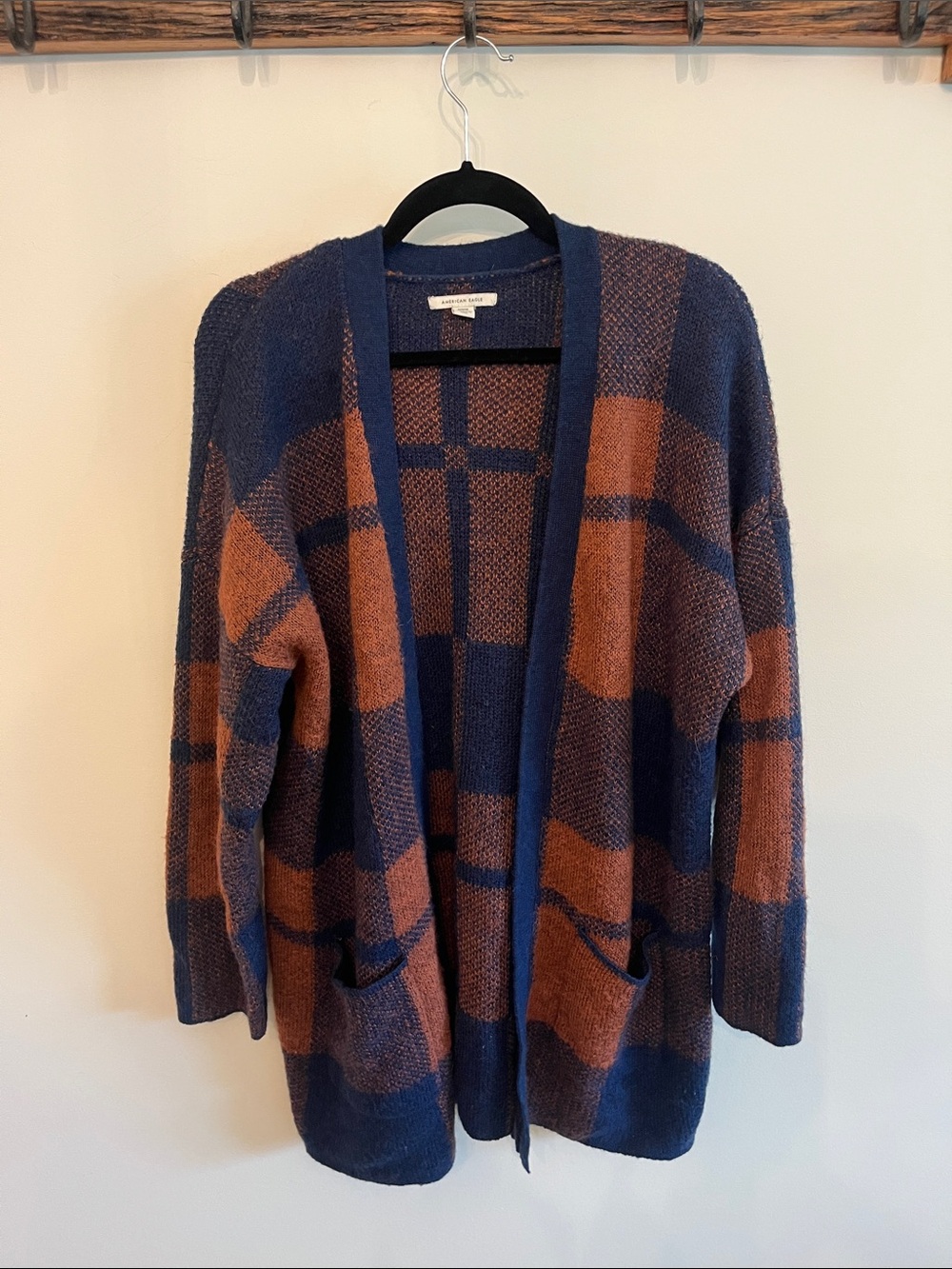 American Eagle Outfitters Plaid Open-Front Cardigan - Navy & Rust